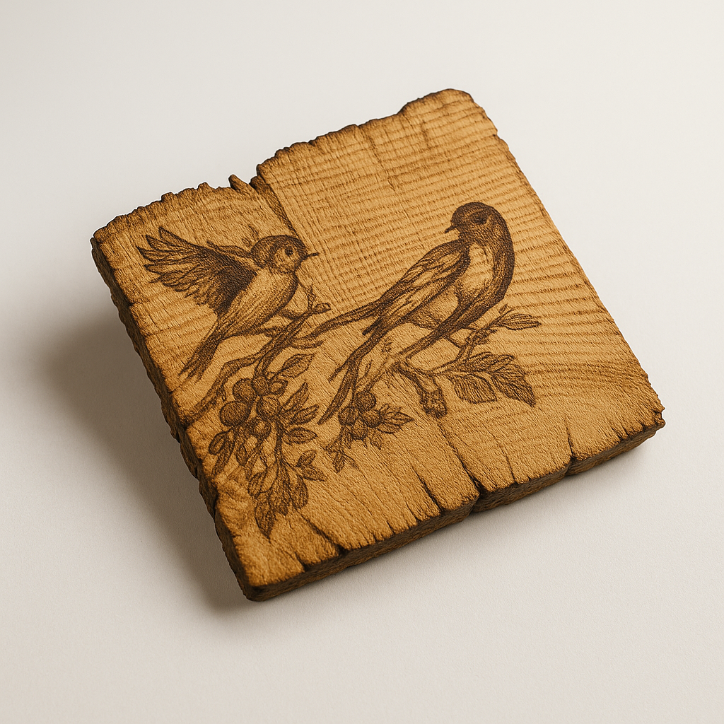 Wooden coaster with engraved birds and branches on a beige background