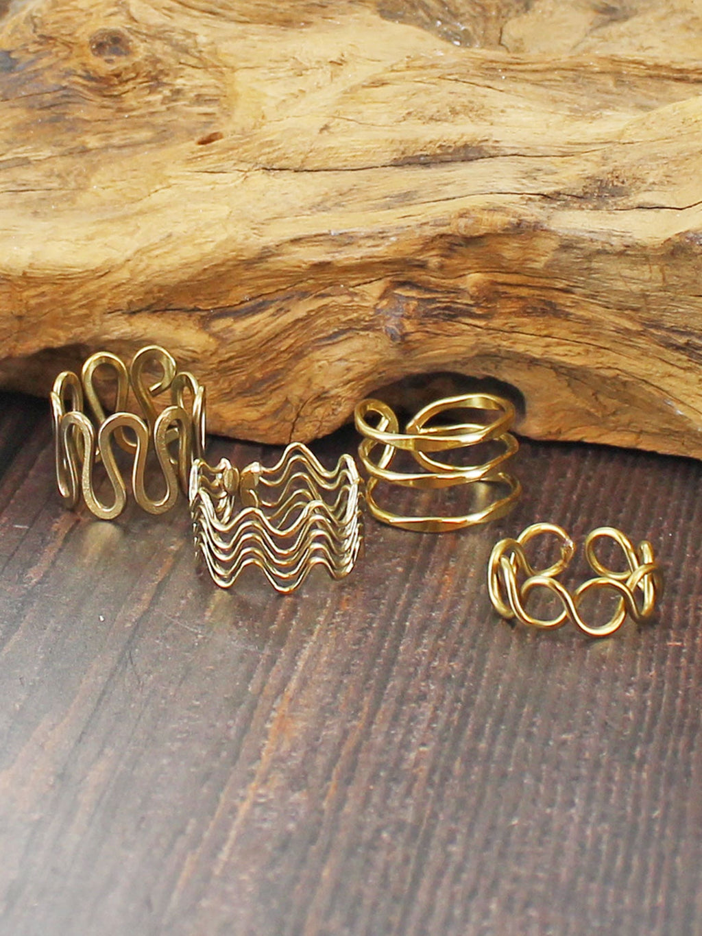 Gold adjustable wire rings – four designs