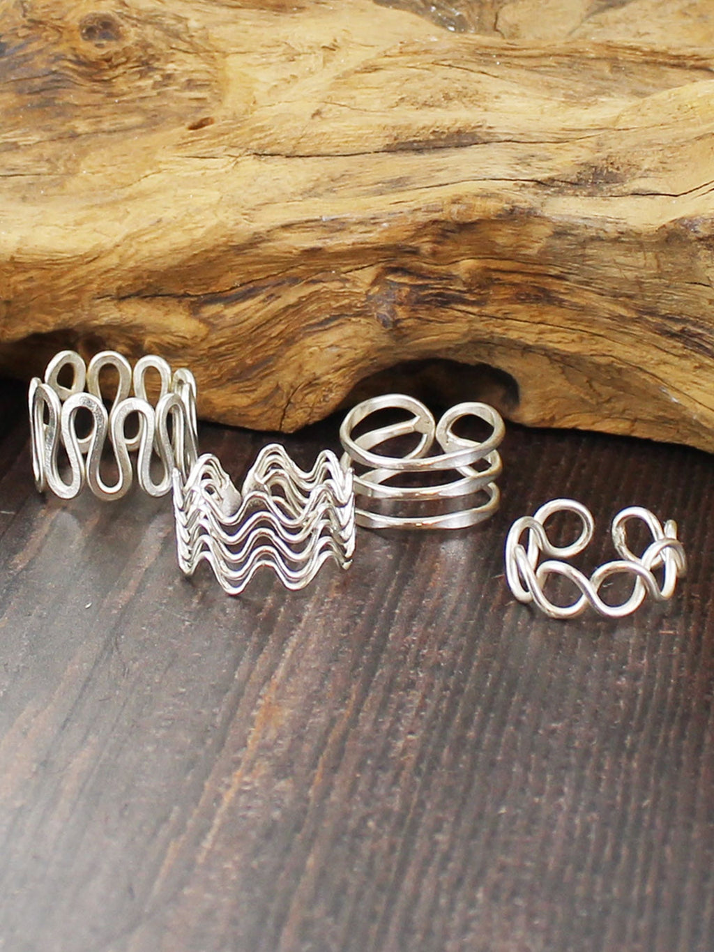 Silver adjustable wire rings – four designs