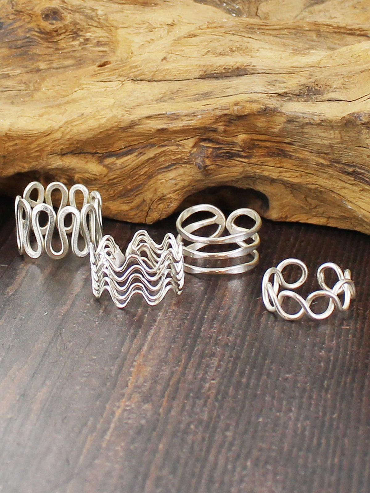 Silver adjustable wire rings – four designs