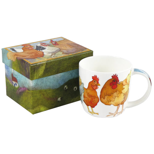 A ceramic mug with an illustration of chickens on it, placed next to a box with a similar chicken-themed design.