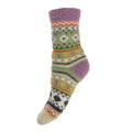 Green and white Nordic patterned wool blend socks with lilac heel and toe