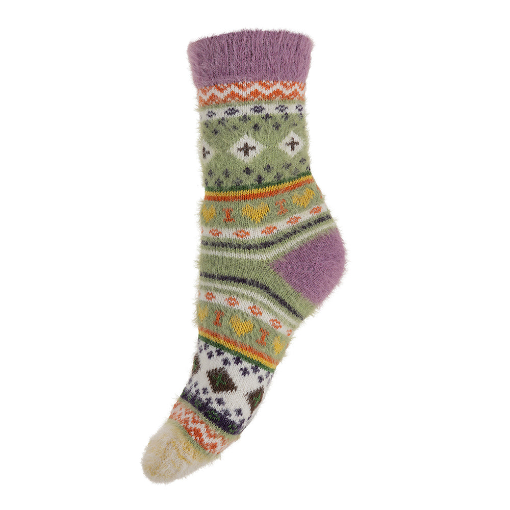 Green and white Nordic patterned wool blend socks with lilac heel and toe