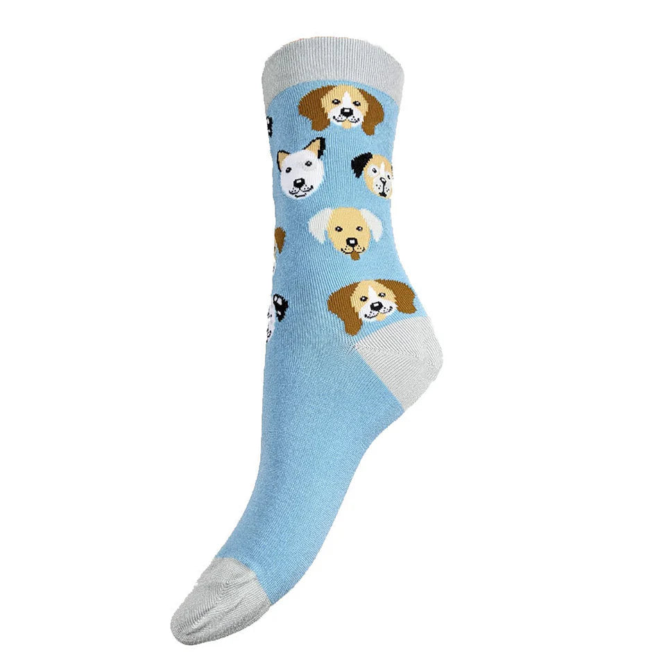 Blue sock with dog faces on a white background