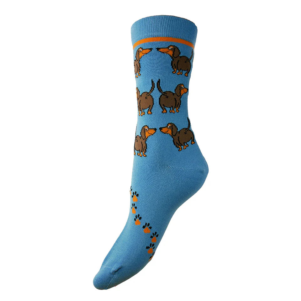 Blue sock with dachshund pattern on a white background
