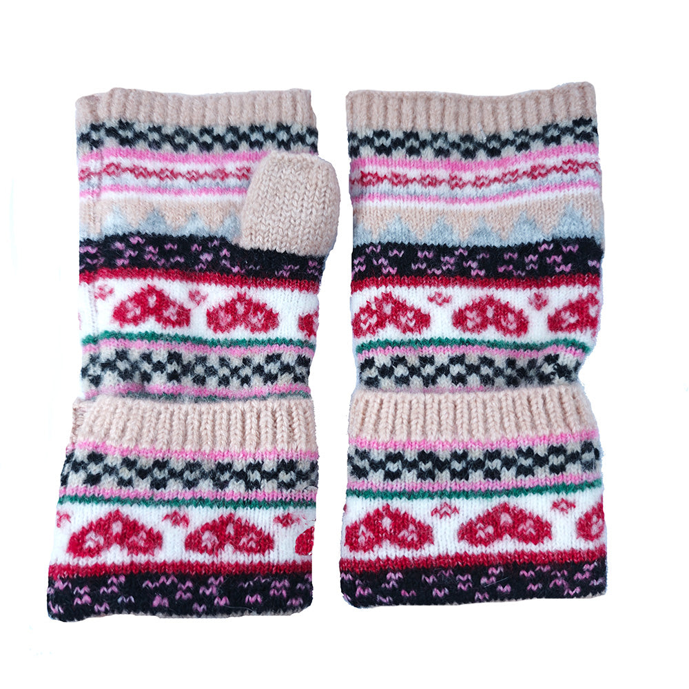 Pale pink Nordic heart fingerless gloves