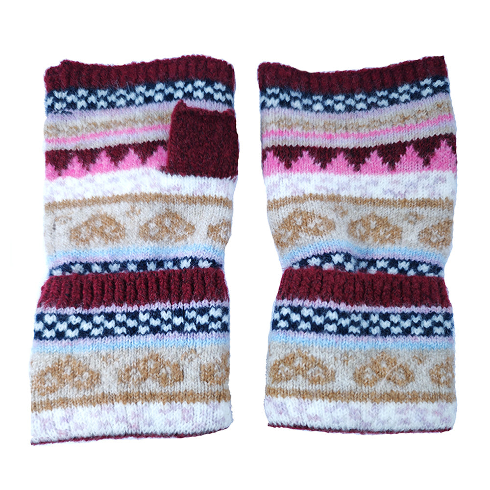 Burgundy Nordic heart fingerless gloves