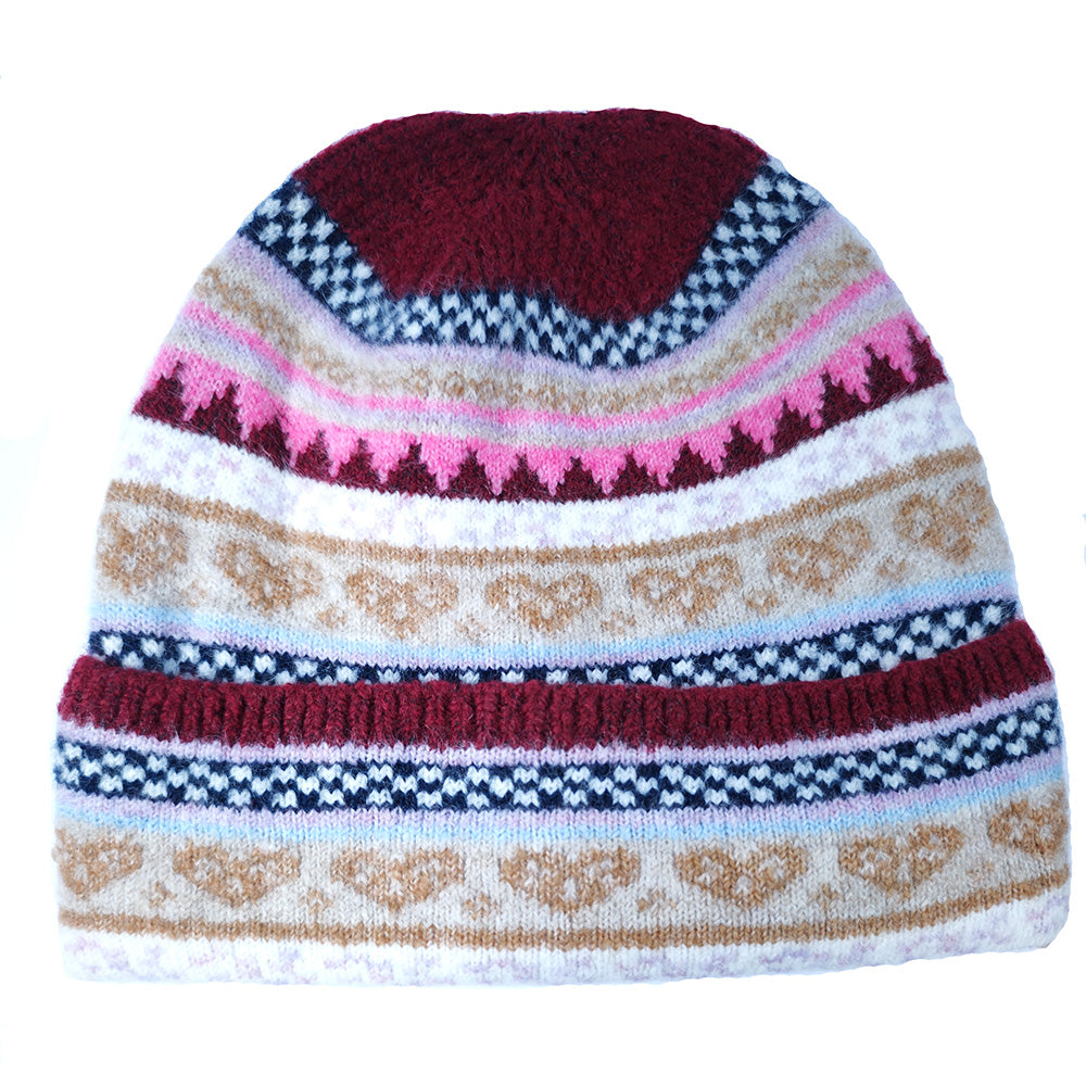 Burgundy top Nordic heart hat