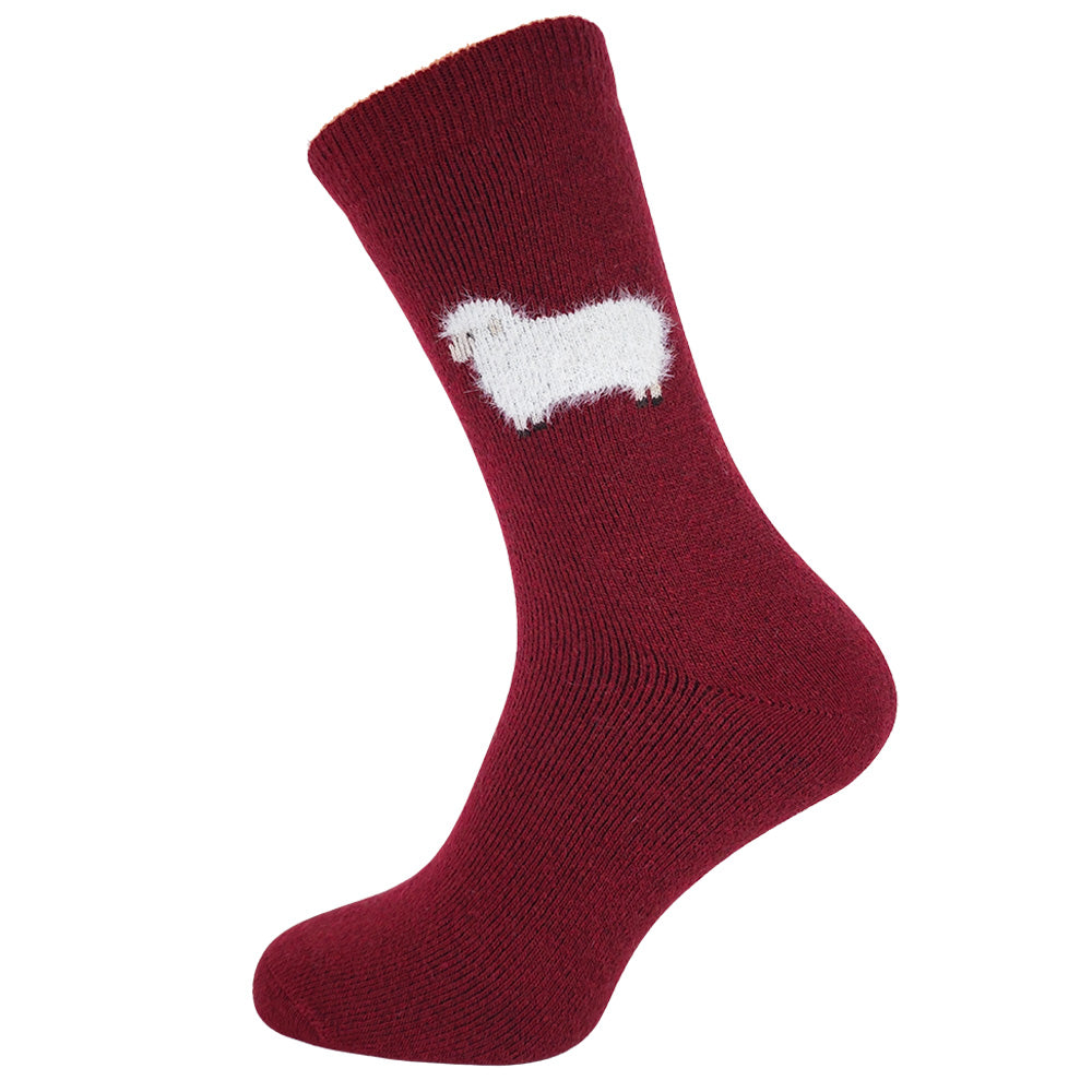 Men's burgundy wool socks with fluffy sheep