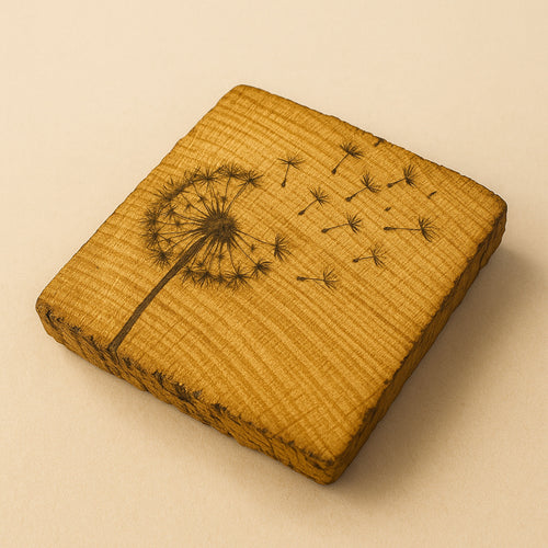 Square brown oak coaster with dandelion design on a beige background