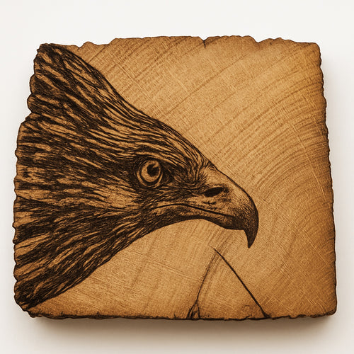 Wooden oak Coaster with an engraved Red Kite's head on a white background