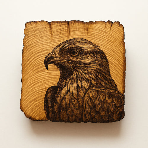 Wooden plaque with a detailed engraving of an eagle on a white background
