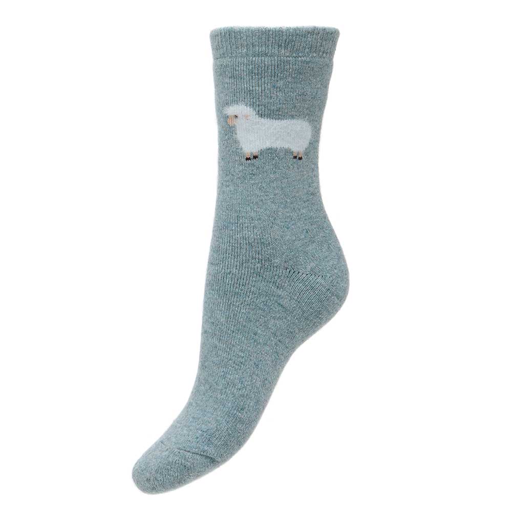 Light blue wool blend socks with fluffy sheep