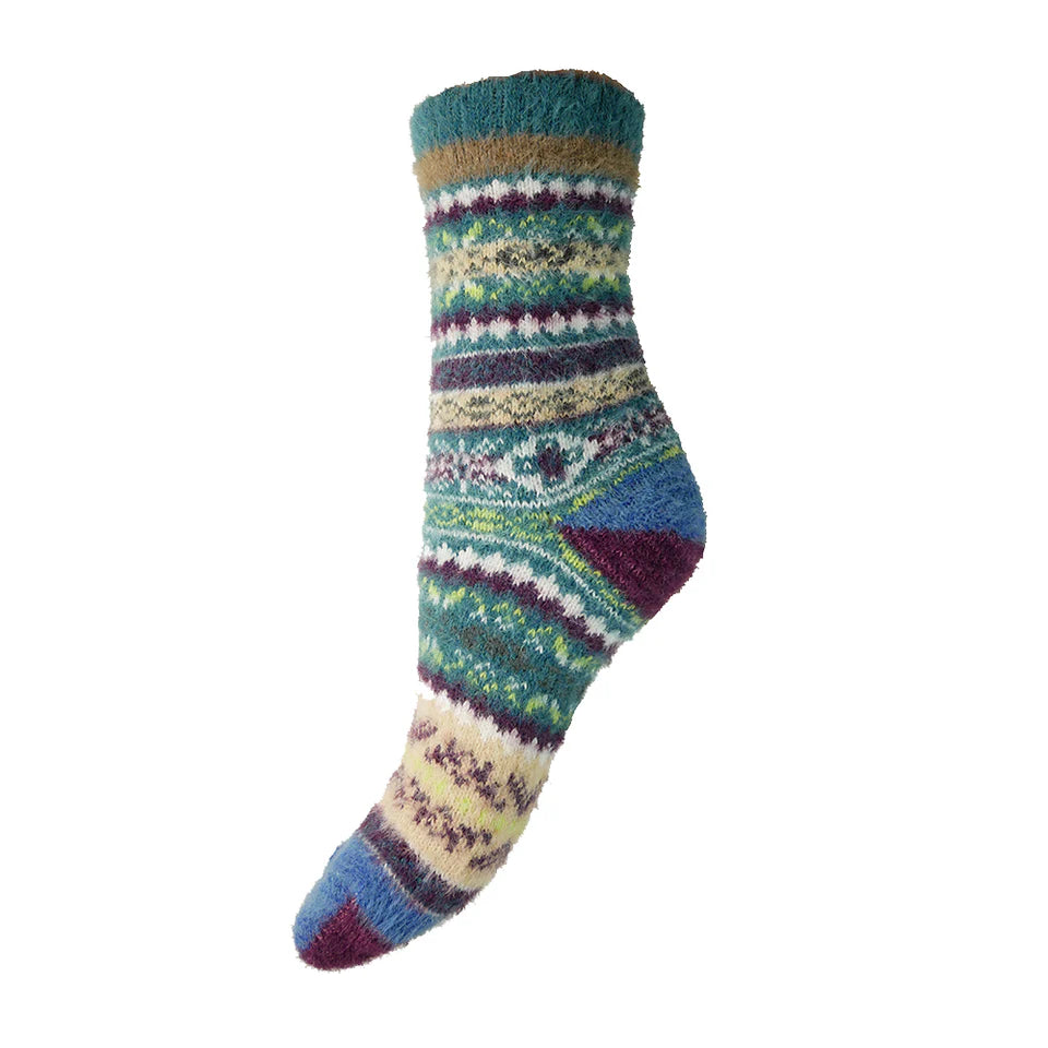 Multicolored patterned sock on a white background
