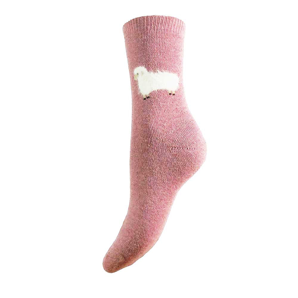Pink wool blend socks with cream fluffy sheep