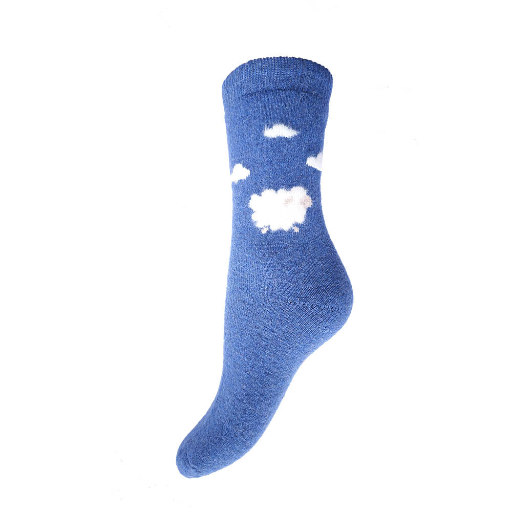 Blue wool blend socks with fluffy sheep and clouds
