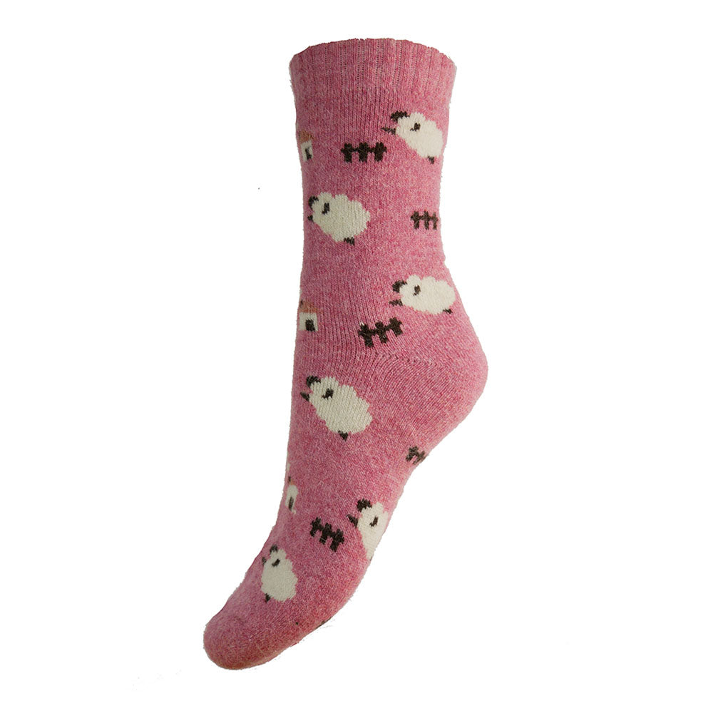 Pink wool blend socks with sheep